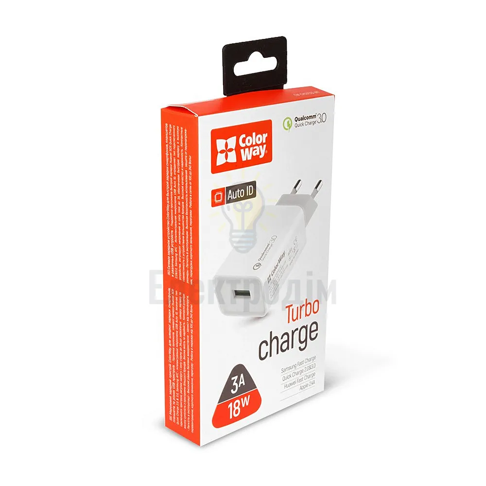 Зарядний пристрій мережевий  USB 3,0A QC 18W білий ColorWay CW-CHS013Q-WT 