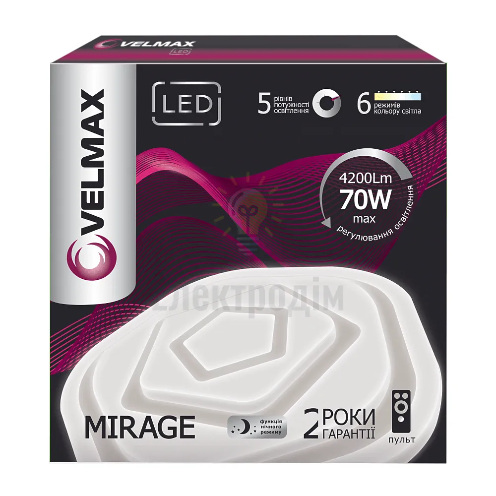 LED св-к VELMAX V-CL-MIRAGE, 70W, smart, 3000K-6500K, 4200Lm, пульт ДК 23-42-83 