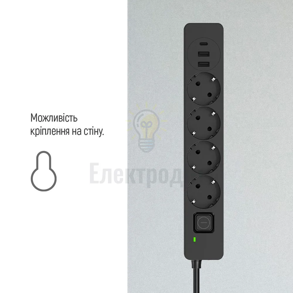 Подовжувач ColorWay Фільтр мережевий 4 розетки/2USB-A/1Type-C 2м чорний CW-CHE432PDB ColorWay CW-CHE432PDB  - фото 6