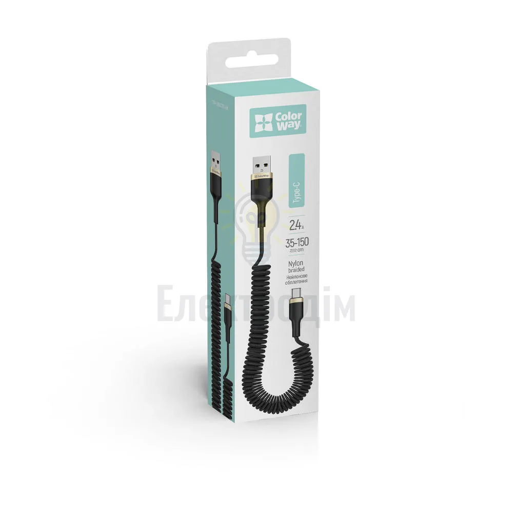 Кабель Colorway USB - Type-C (spiral) 2.4а 1м чорний CW-CBUC051-BK  - фото 1