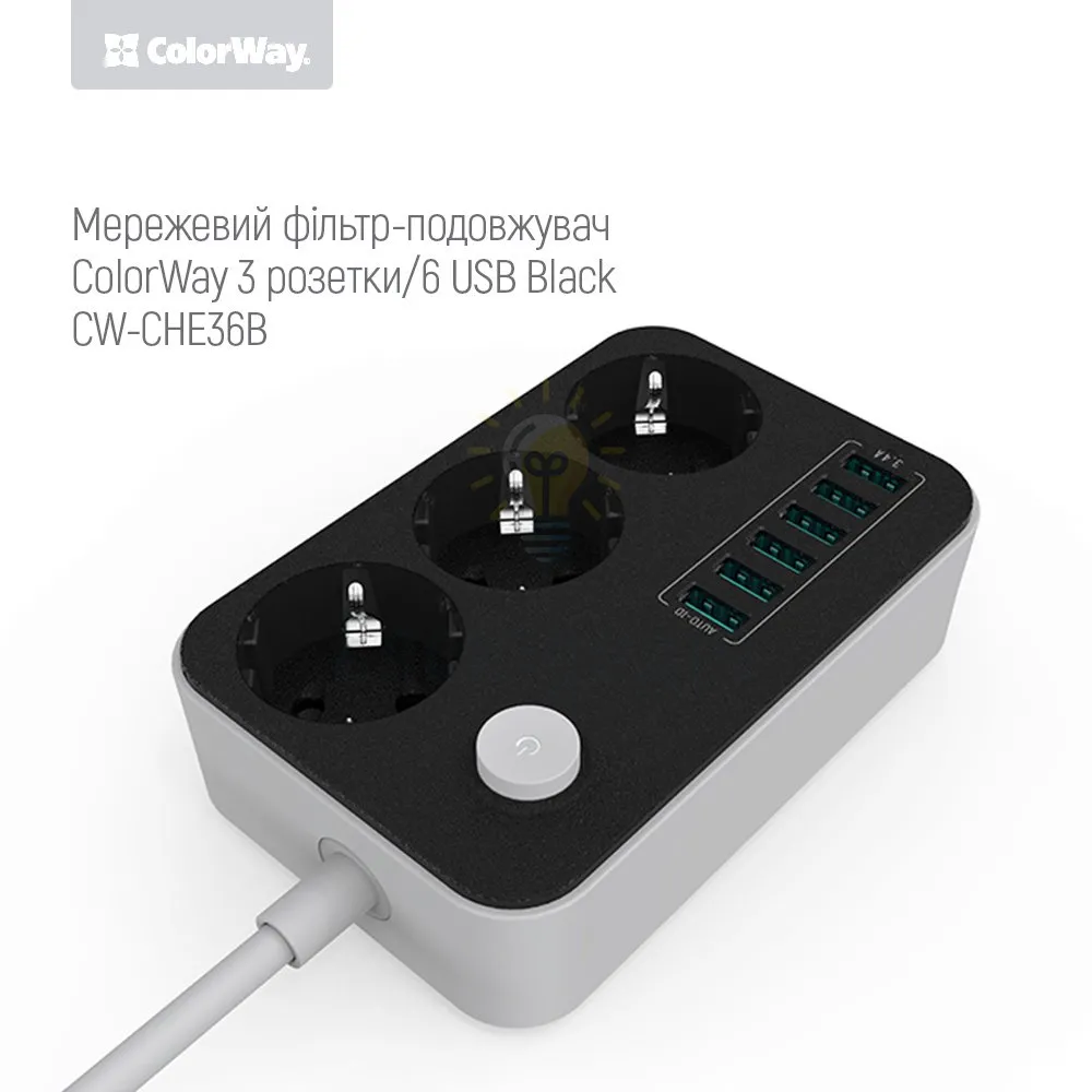 Подовжувач ColorWay Фільтр мережевий 3 розетки/6USB 1,8 м чорний CW-CHE36B ColorWay CW-CHE36B  - фото 2