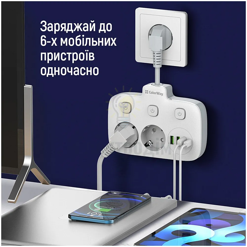 Подовжувач ColorWay Фільтр мережевий 2 розетки/3USB-A/1Type-C CW-CHE24PDW ColorWay CW-CHE24PDW  - фото 7