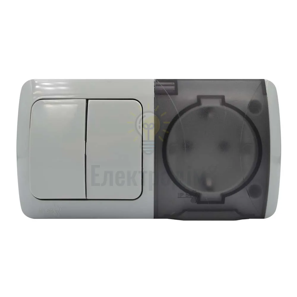 Вимикач EL-BI EVA 2-ий + Розетка з заземленням з кришкою світло-сірий IP54 554-011500-922 