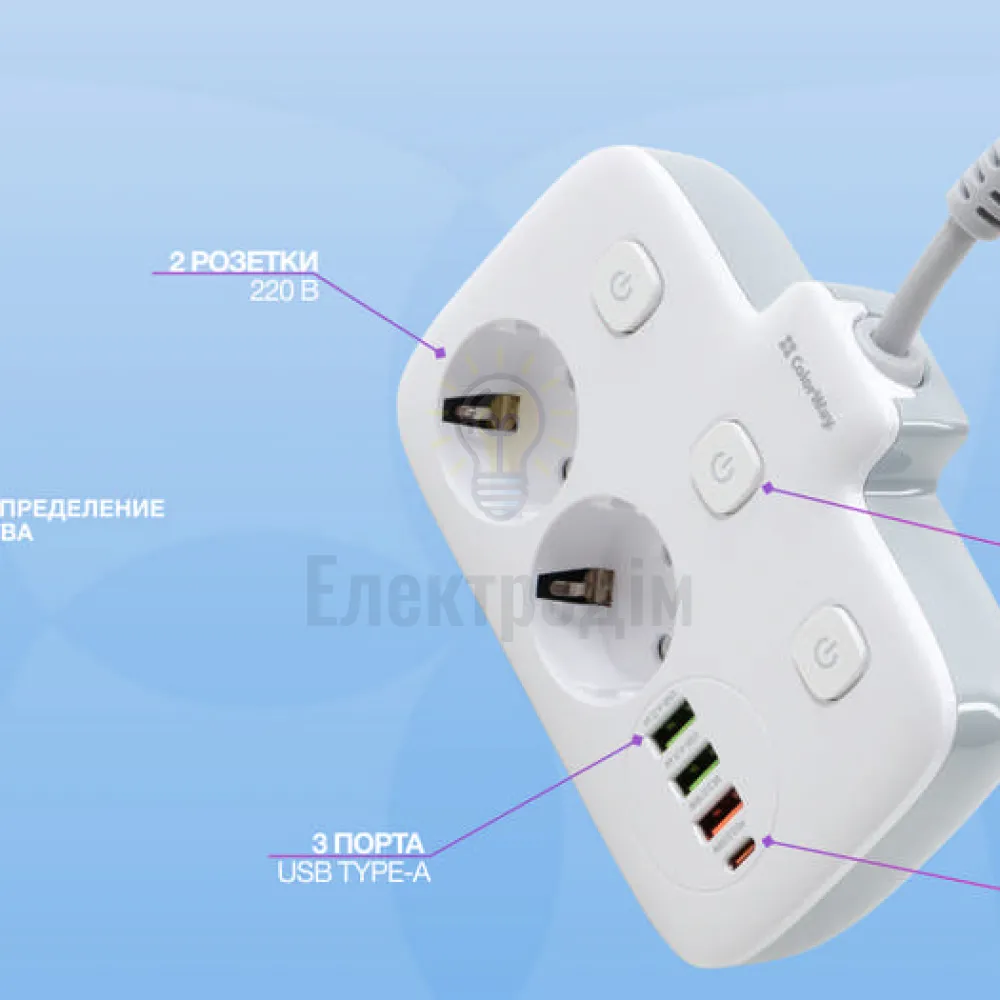 Подовжувач ColorWay Фільтр мережевий 2 розетки/3USB-A/1Type-C CW-CHE24PDW ColorWay CW-CHE24PDW  - фото 11