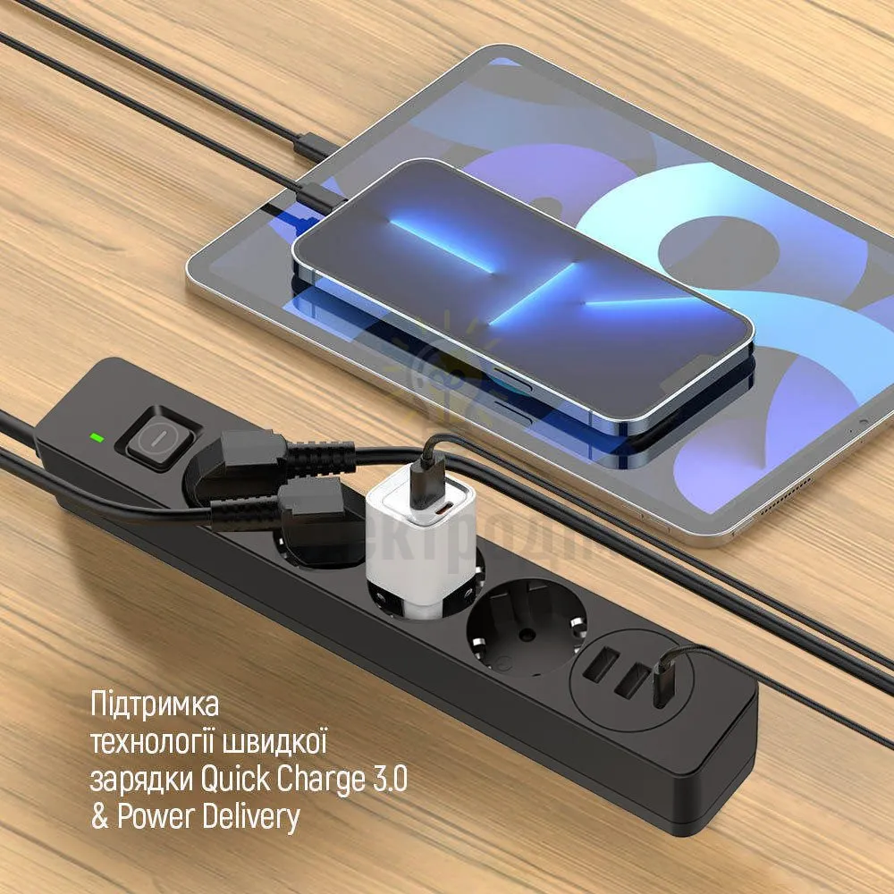Подовжувач ColorWay Фільтр мережевий 4 розетки/2USB-A/1Type-C 5м чорний CW-CHE435PDB ColorWay CW-CHE435PDB  - фото 8