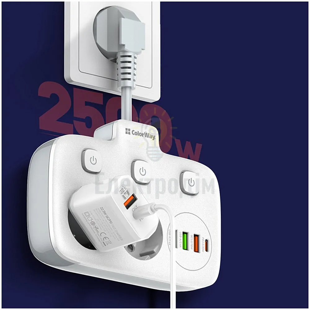 Подовжувач ColorWay Фільтр мережевий 2 розетки/3USB-A/1Type-C CW-CHE24PDW ColorWay CW-CHE24PDW  - фото 12