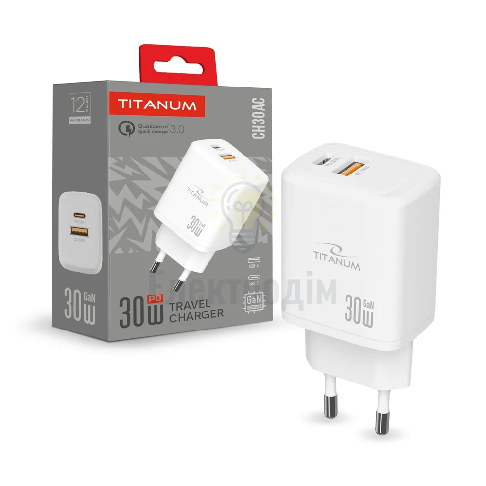 Зарядний пристрій мережевий USB/Type-C 30W білий GaN Titanum TA-CH30AC-W TA-CH30AC-W 