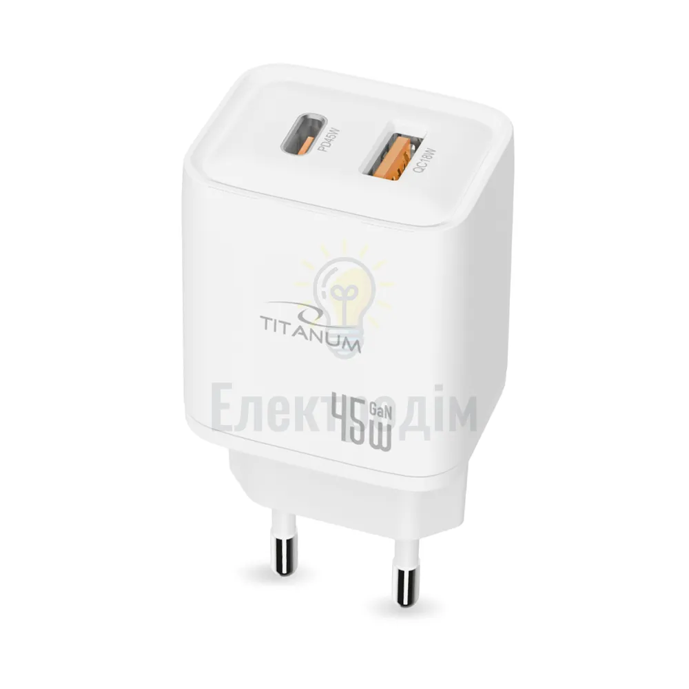 Зарядний пристрій мережевий USB/Type-C 45W білий GaN Titanum TA-CH45AC-W TA-CH45AC-W  - фото 1