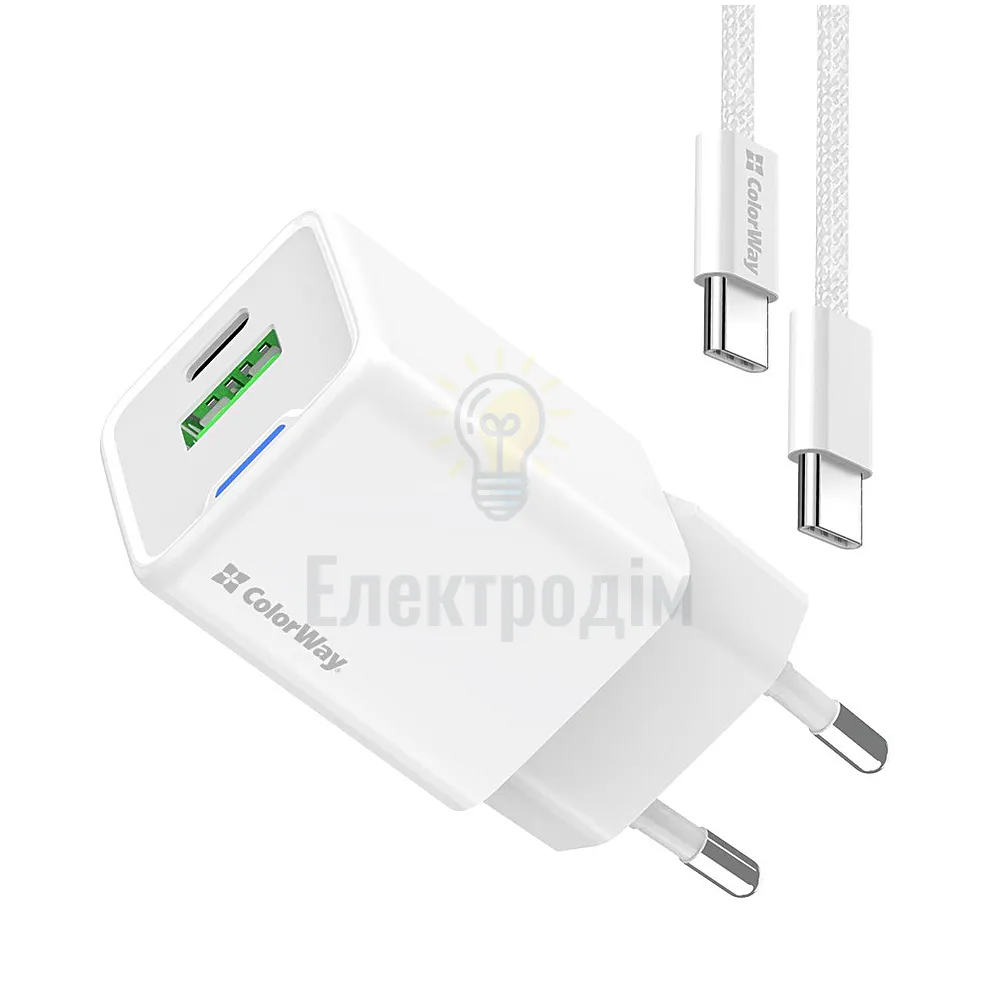 Мережевий зарядний пристрій ColorWay GaN Mini 30W PD Port PPS USB (Type-C PD + USB QC4.0) cable Type-C CW-CHS053PDC-WT  - фото 2