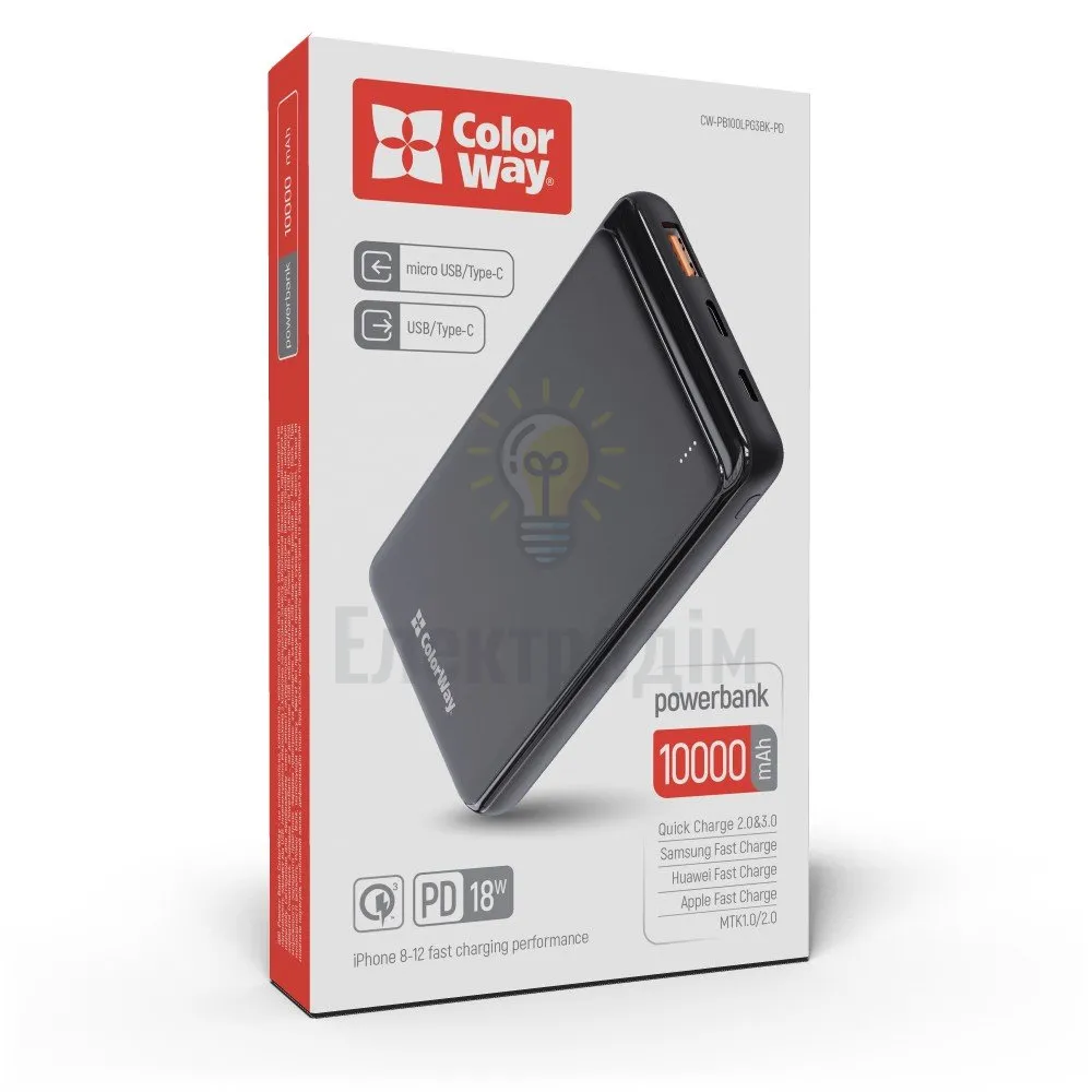 Павербанк УМБ ColorWay Power Bank 10 000 mAh Slim (USB QC3.0 + USB-C Power Delivery 18W) Black CW-PB100LPG3BK-PD) 