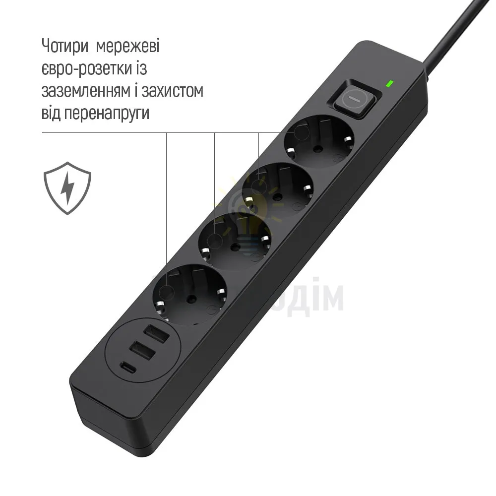 Подовжувач ColorWay Фільтр мережевий 4 розетки/2USB-A/1Type-C 2м чорний CW-CHE432PDB ColorWay CW-CHE432PDB  - фото 5