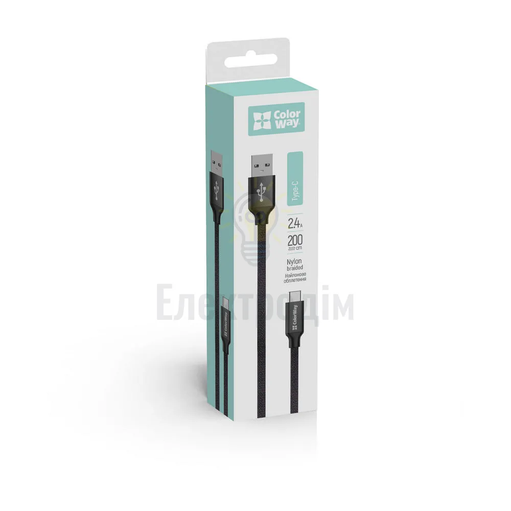 Кабель Colorway USB Type-C 2.4A 2м чорний CW-CBUC008-BK  - фото 1