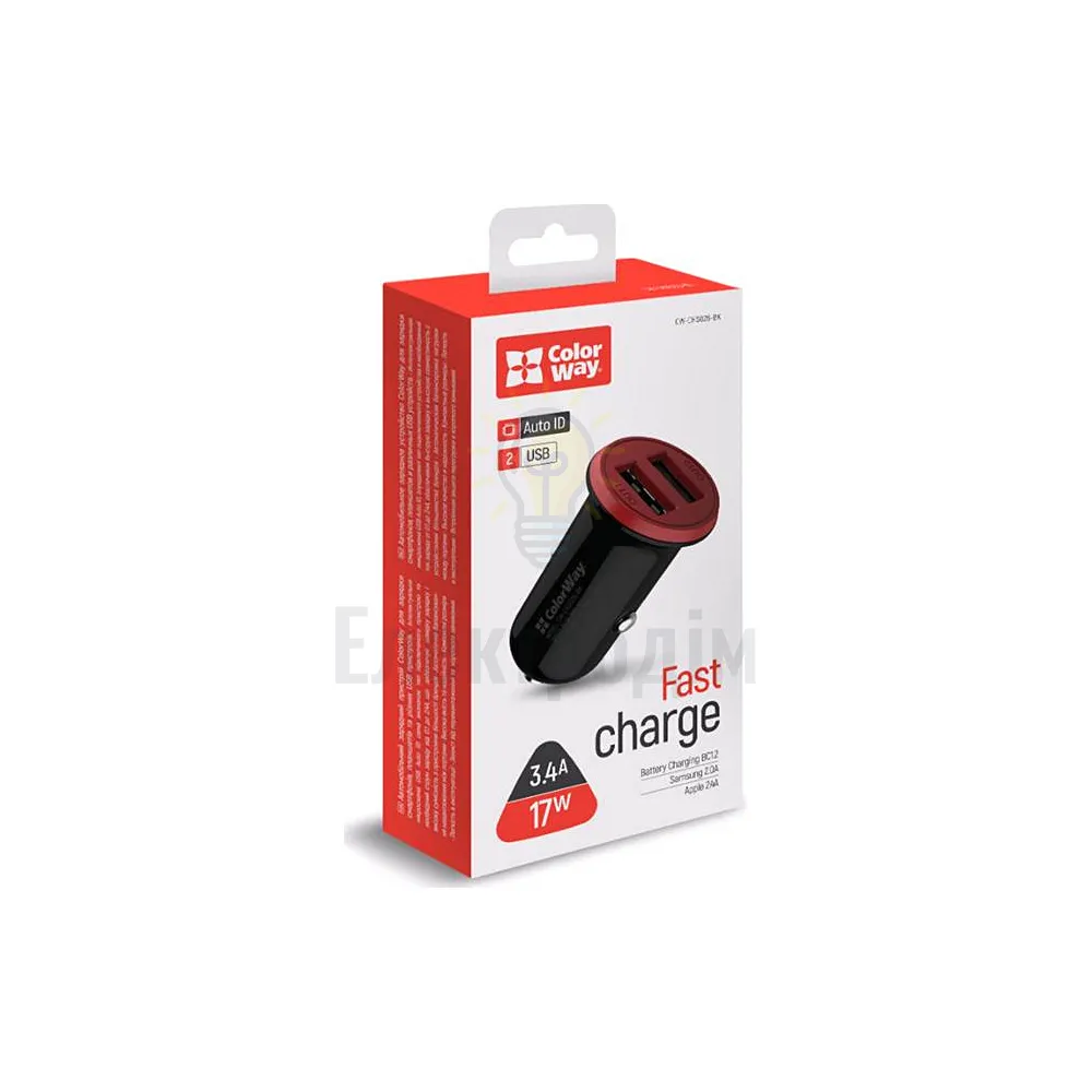 Автомобільний зарядний пристрій ColorWay CW-CHA026-BK 2USB 3,4А 17W червоний/чорний CW-CHA026-BK 