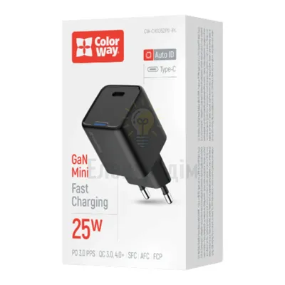 Зарядний пристрій мережевий Type-C PD 25W чорний GaN Mini ColorWay CW-CHS052PD-BK — купити в Електродім