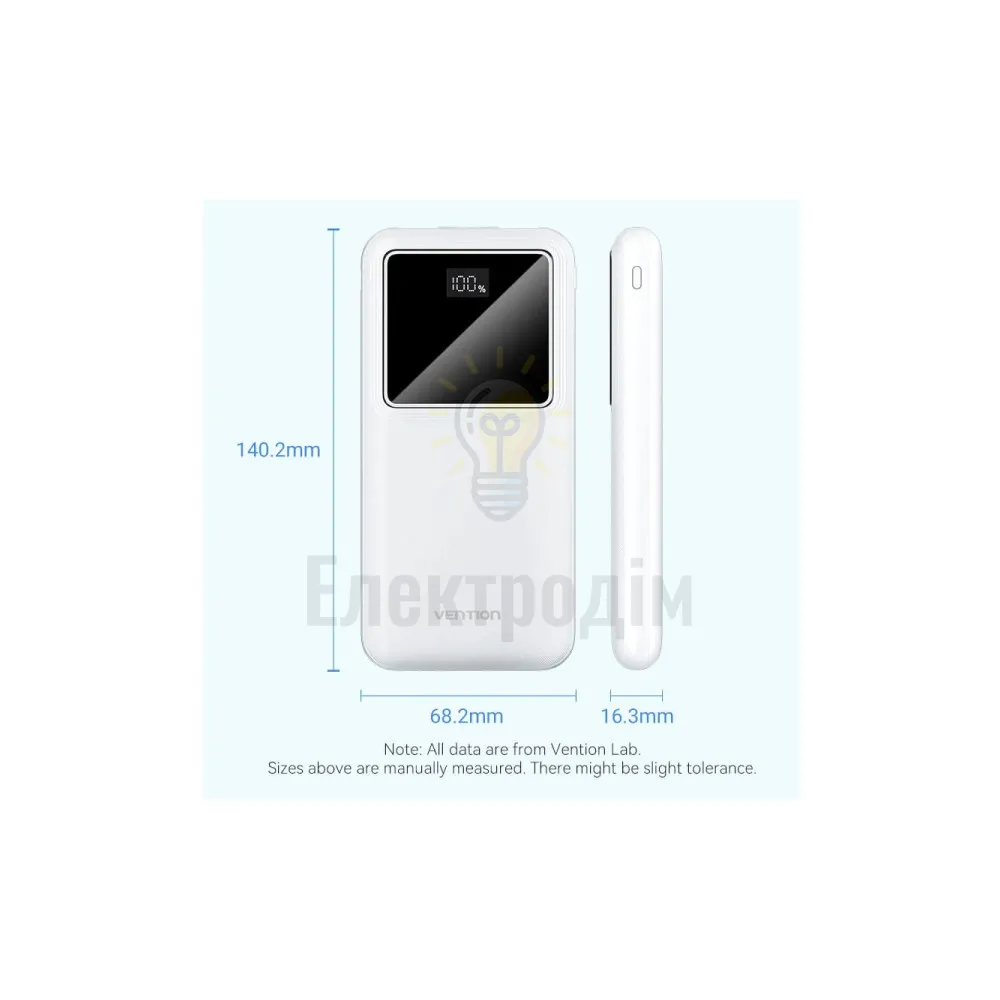 Зовнішній акумулятор Vention 10000mAh Power Bank (Micro-USB + USB-C + USB-A + USB-A) 22.5W White LED Display Type FHKW0  - фото 1