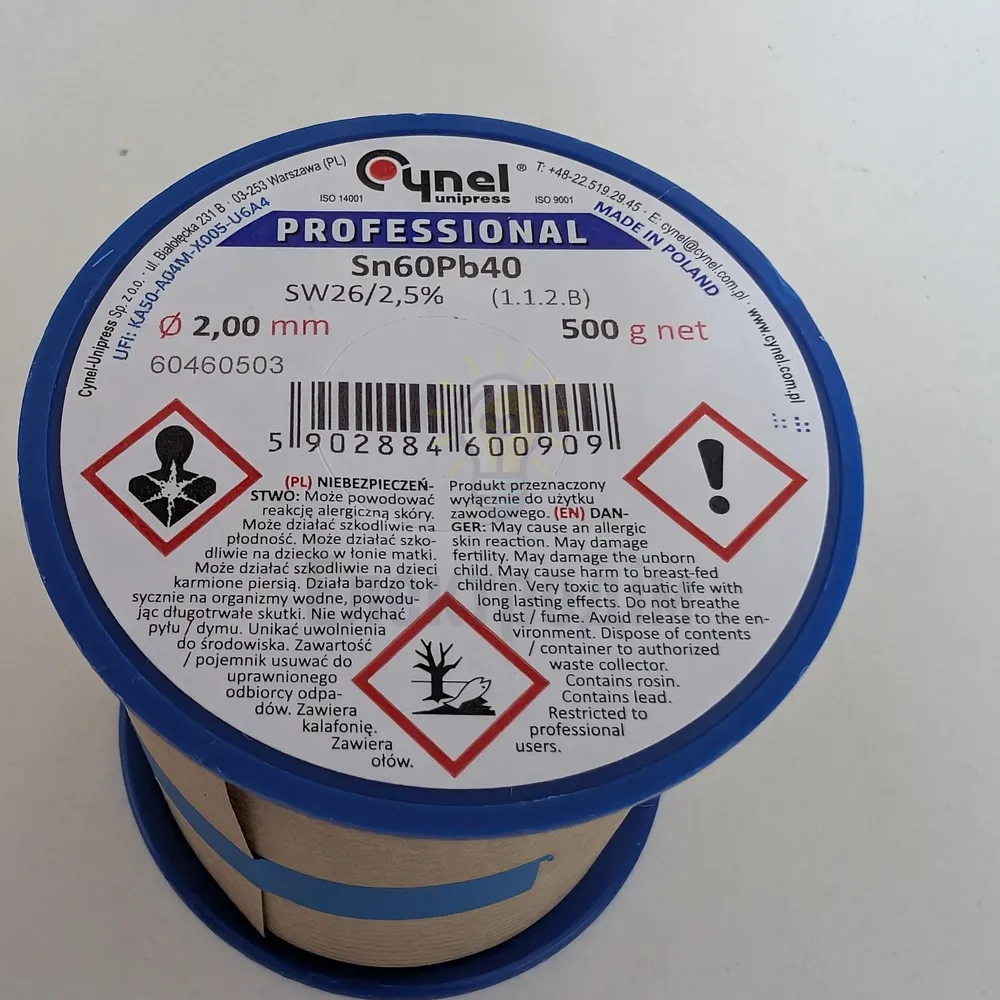 Дротяний припій, 2,0mm, 500g, з флюсом, свинцевий, CYNEL Sn60Pb40-SW26/2.5% Ø2.0, 500g 98053 