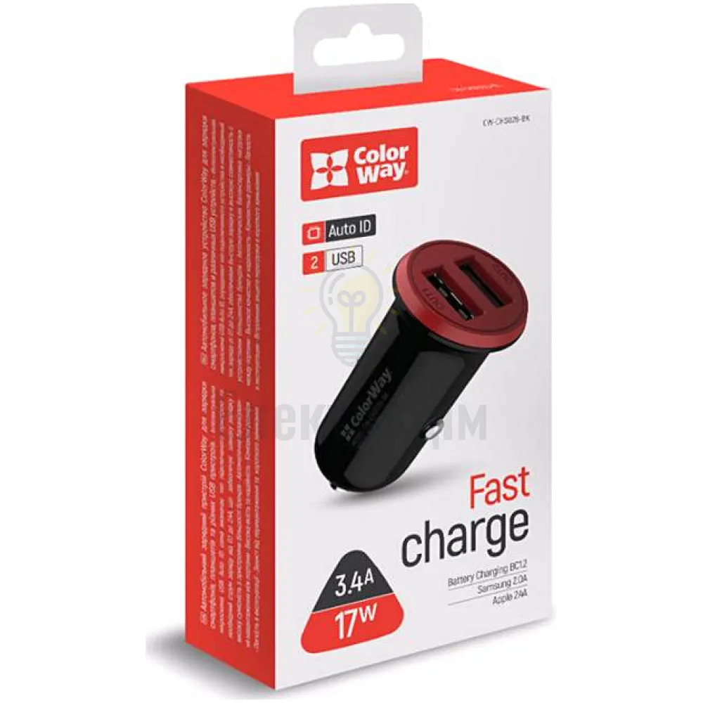 Автомобільний зарядний пристрій ColorWay CW-CHA026-BK 2USB 3,4А 17W червоний/чорний CW-CHA026-BK 