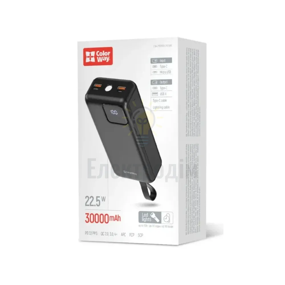 Павербанк 30000 mAh ColorWay EnergyHub CW-PB300LP05BK 22,5W QC+PD чорний CW-PB300LP05BK 