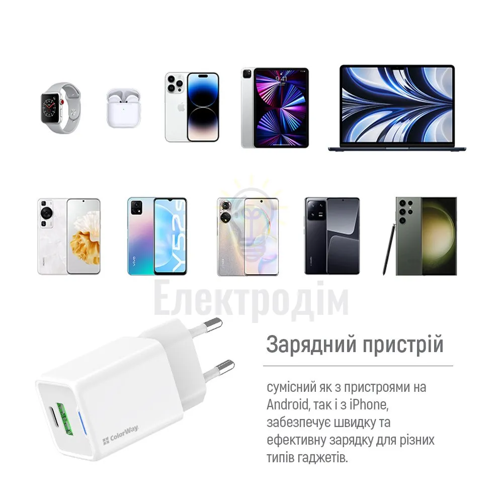 Мережевий зарядний пристрій ColorWay GaN Mini 30W PD Port PPS USB (Type-C PD + USB QC4.0) cable Type-C CW-CHS053PDC-WT  - фото 9