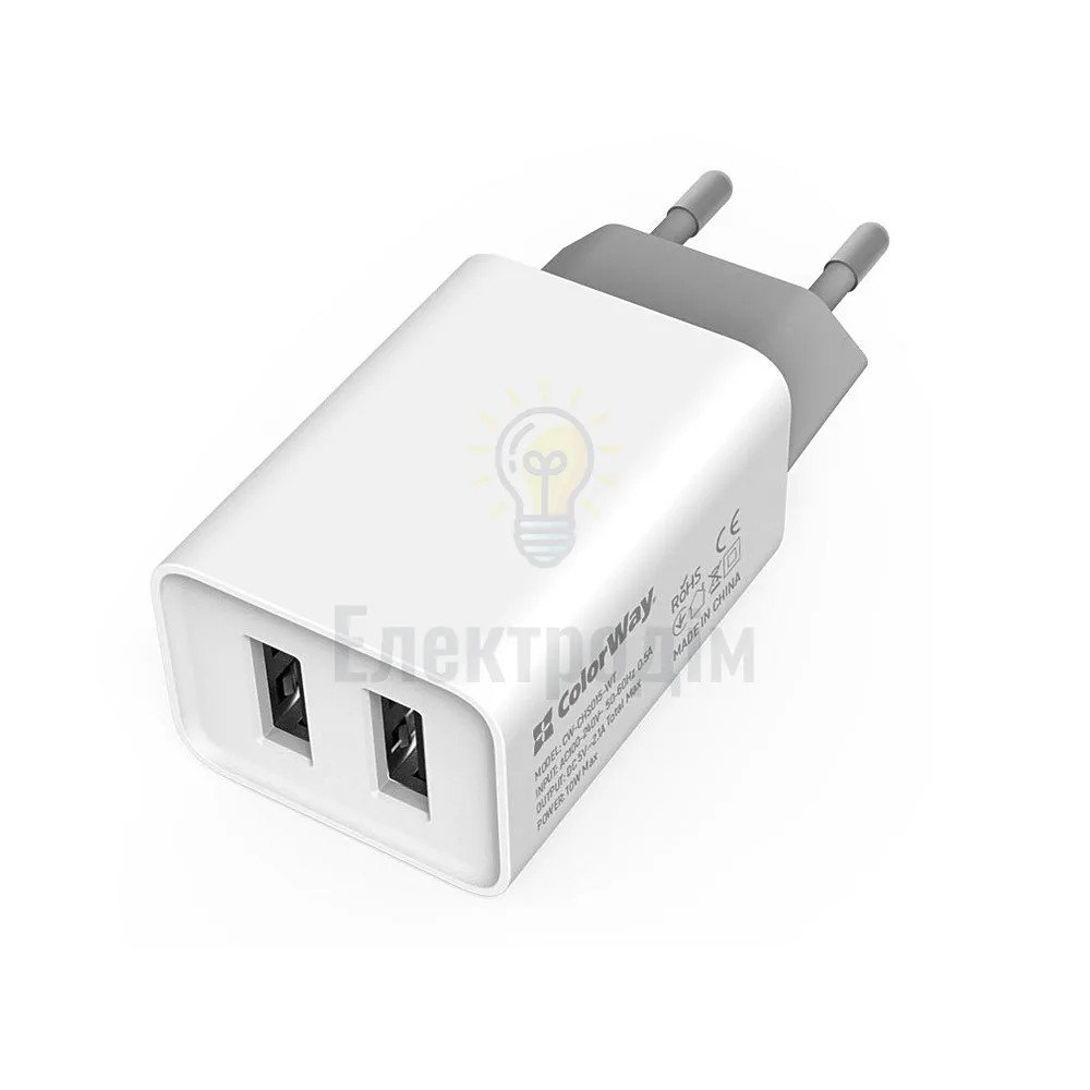 Зарядний пристрій мережевий 2USB 2,1А 10W білий ColorWay CW-CHS015-WT CW-CHS015-WT  - фото 1