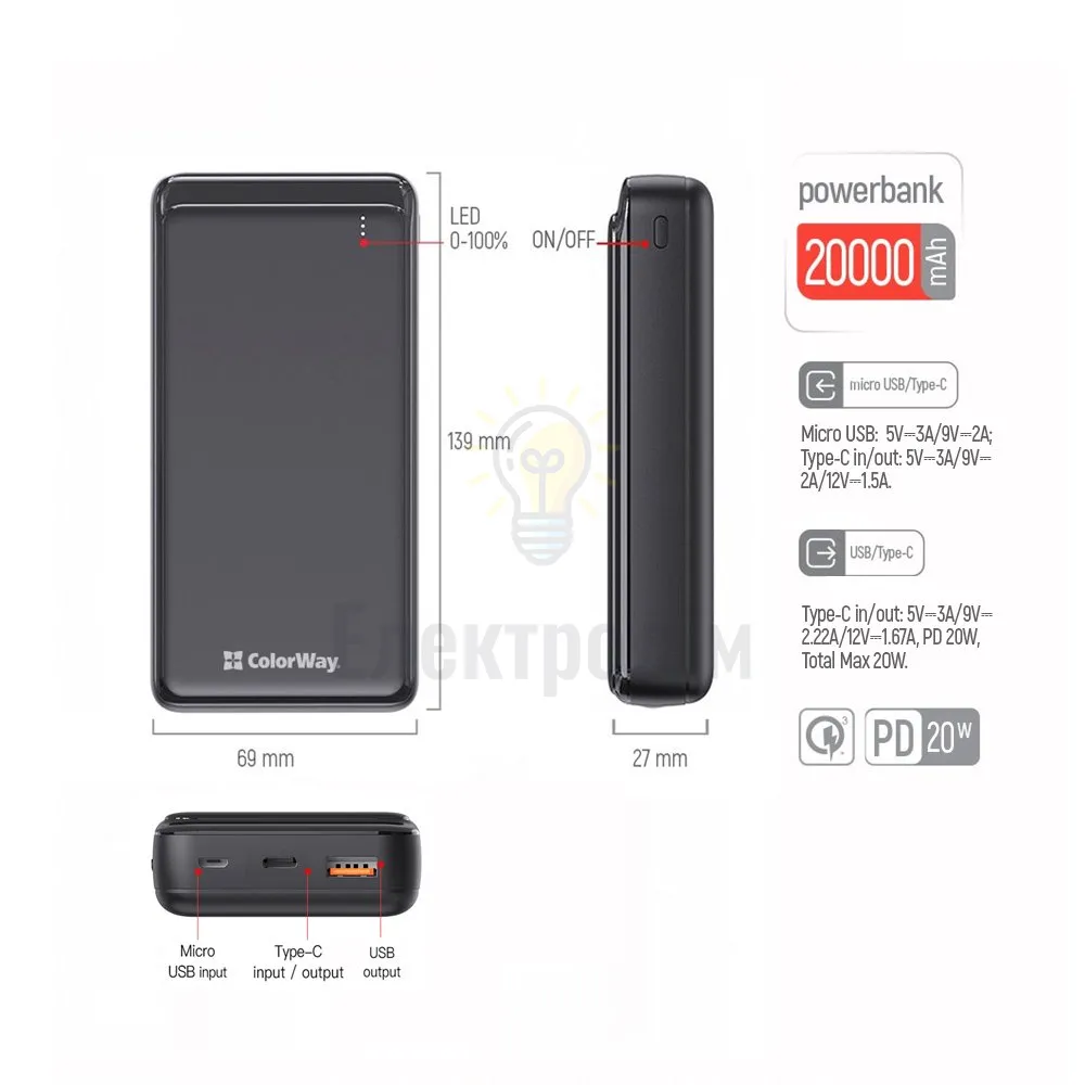 Павербанк 20000 mAh ColorWay CW-PB200LPG3BK-PD 20W QC+PD slim чорний CW-PB200LPG3BK-PD  - фото 5