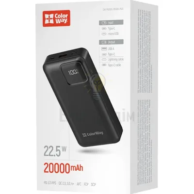 Павербанк 20000 mAh ColorWay Optimal Power CW-PB200LPB5BK-PDD 22,5W USB/Type-C QC+PD чорний CW-PB200LPB5BK-PDD — купити в Електродім