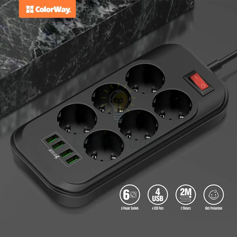 Подовжувач ColorWay Фільтр мережевий 6 розеток/4USB 2м чорний CW-CHE64B ColorWay CW-CHE64B  - фото 16