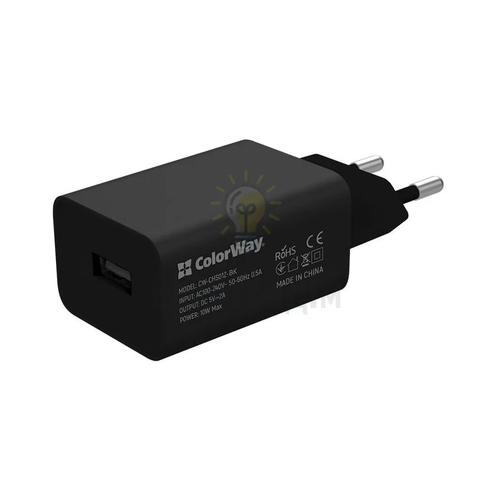 Зарядний пристрій мережевий USB + кабель Lightning 2,0A 10W чорний ColorWay CW-CHS012CL-BK 