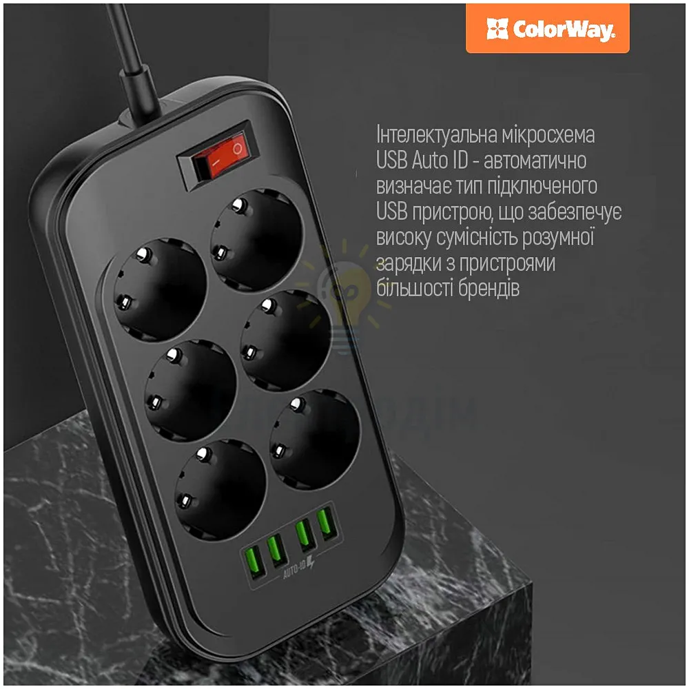 Подовжувач ColorWay Фільтр мережевий 6 розеток/4USB 2м чорний CW-CHE64B ColorWay CW-CHE64B  - фото 4