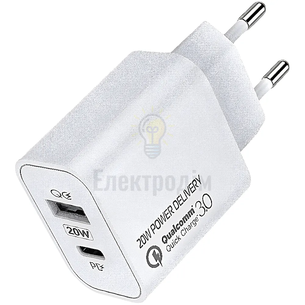 Зарядний пристрій мережевий USB/Type-C QC+PD 20W білий V2 ColorWay CW-CHS025QPD-WT  - фото 1