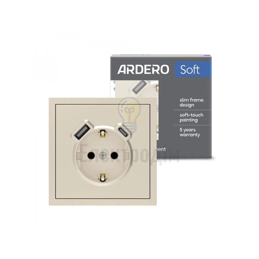 ER123USB-C розетка із заземленням 16А із USB-A 18W та Type-C 20W, механізм шампань Soft 80828 