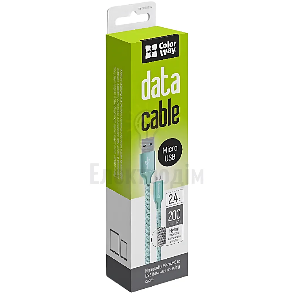 Кабель USB MicroUSB ColorWay CW-CBUM009-MT 2,4A 2м м'ятний CW-CBUM009-MT 