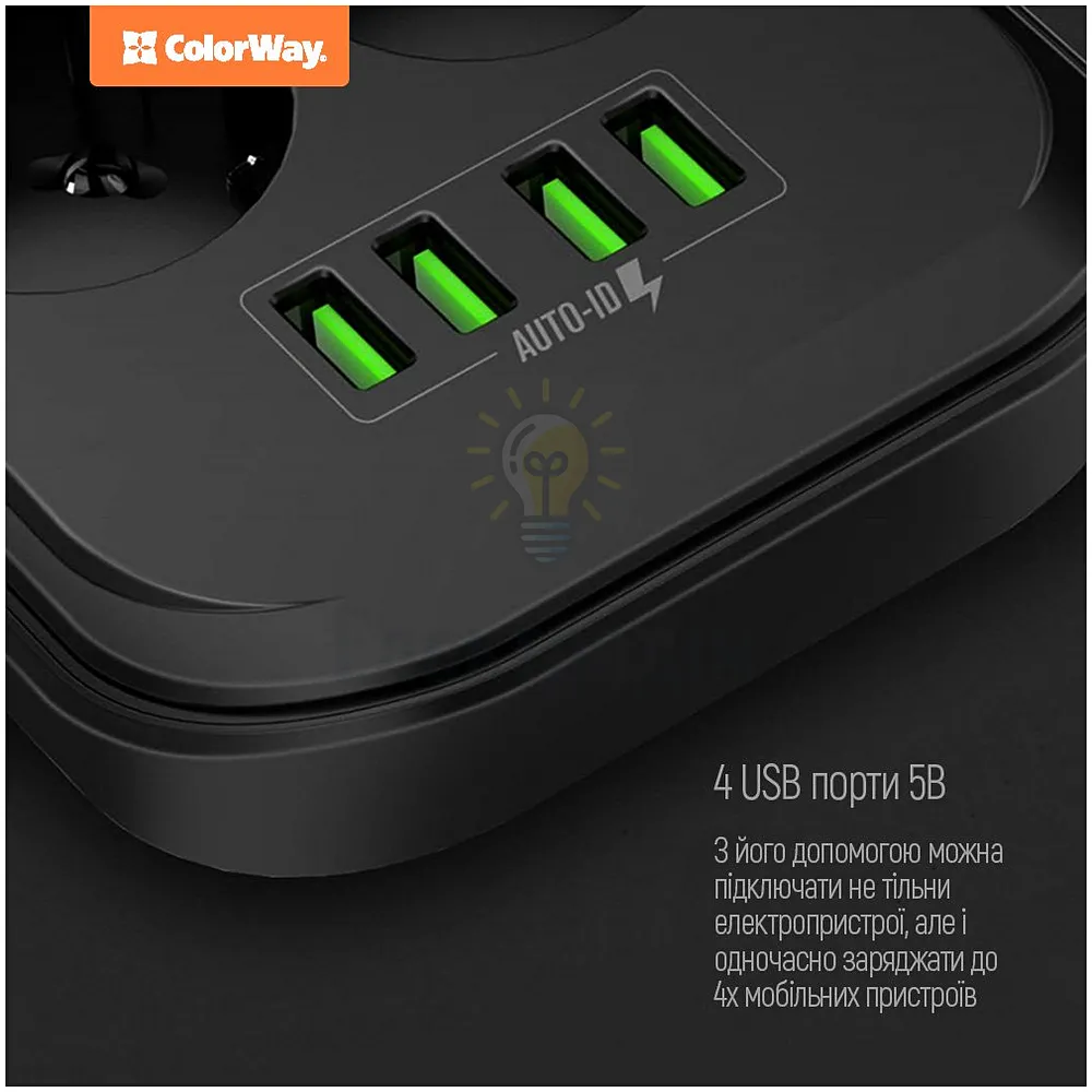 Подовжувач ColorWay Фільтр мережевий 6 розеток/4USB 2м чорний CW-CHE64B ColorWay CW-CHE64B  - фото 2