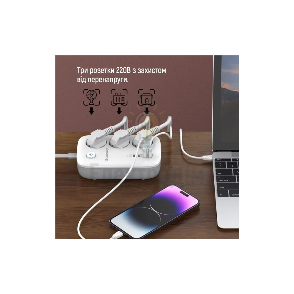 Подовжувач ColorWay Фільтр мережевий 3 розетки/2USB-A/2Type-C PD 2м 65W білий CW-CHE34PDW GaN3 Pro ColorWay CW-CHE34PDW  - фото 2