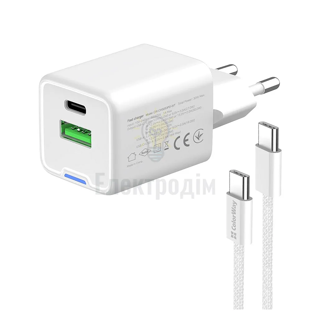 Мережевий зарядний пристрій ColorWay GaN Mini 30W PD Port PPS USB (Type-C PD + USB QC4.0) cable Type-C CW-CHS053PDC-WT  - фото 3