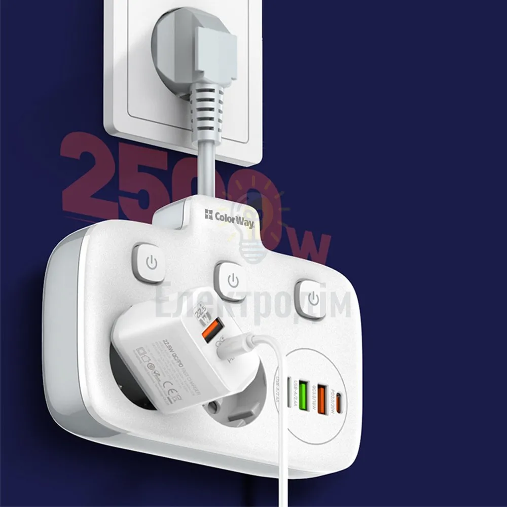 Подовжувач ColorWay Фільтр мережевий 2 розетки/3USB-A/1Type-C CW-CHE24PDW ColorWay CW-CHE24PDW  - фото 12