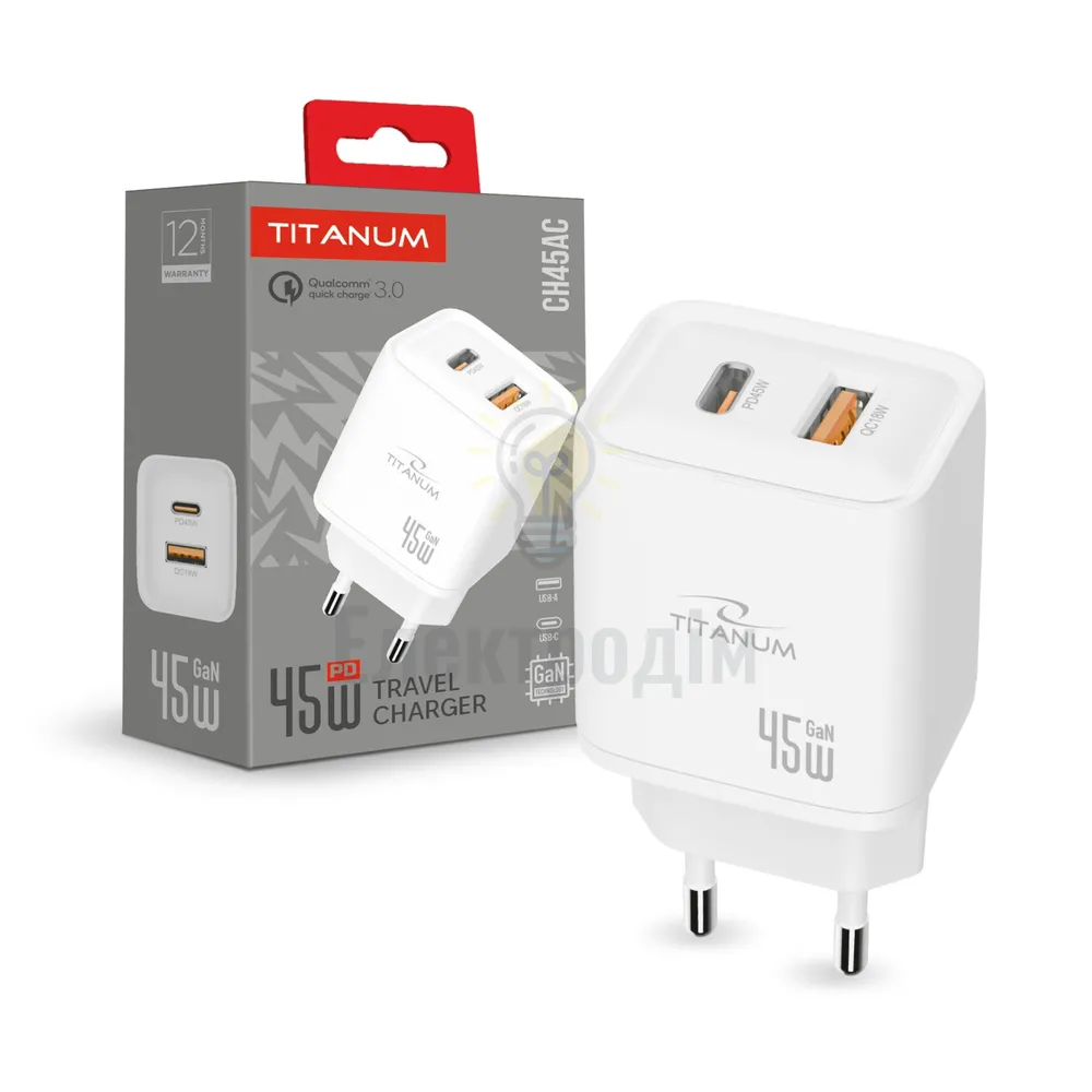 Зарядний пристрій мережевий USB/Type-C 45W білий GaN Titanum TA-CH45AC-W TA-CH45AC-W 