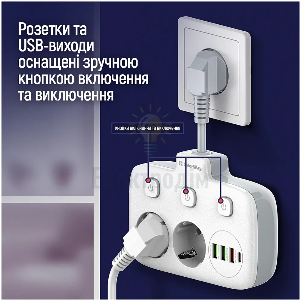 Подовжувач ColorWay Фільтр мережевий 2 розетки/3USB-A/1Type-C CW-CHE24PDW ColorWay CW-CHE24PDW  - фото 9