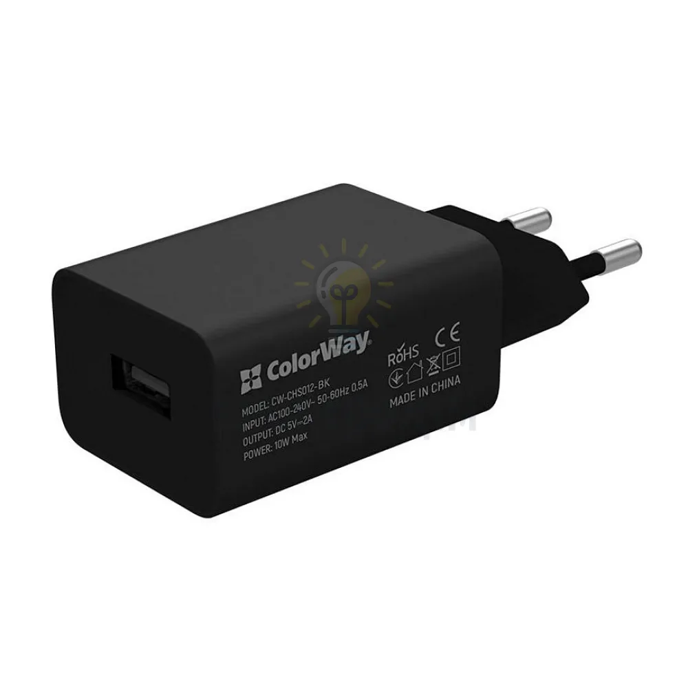 Зарядний пристрій мережевий USB + кабель Lightning 2,0A 10W чорний ColorWay CW-CHS012CL-BK 