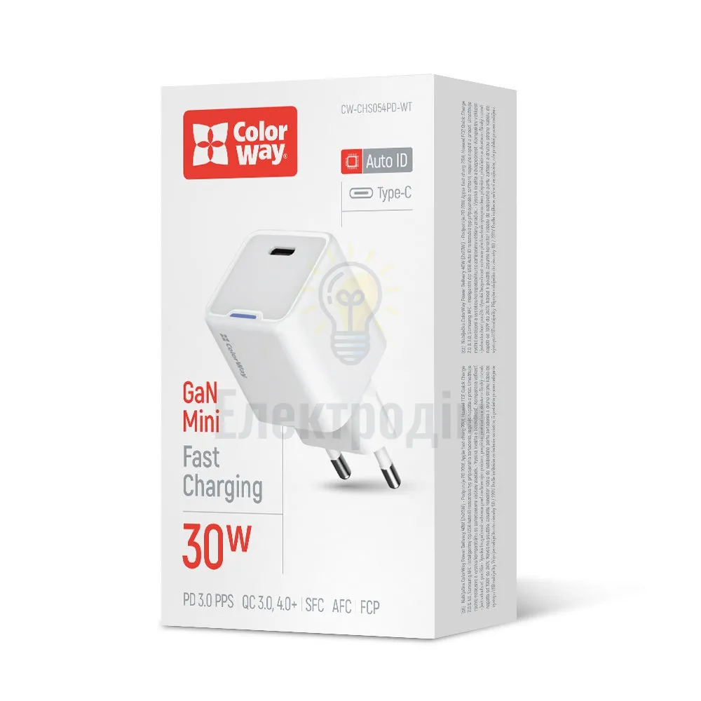 Мережевий зарядний пристрій ColorWay GaN Mini 30W PD Port PPS USB-C білий CW-CHS054PD-WT 