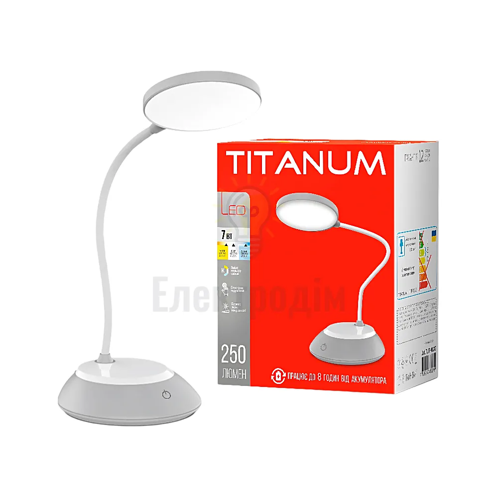 LED лампа настiльна з акумулятором TITANUM 7W 3000-6500K USB сіра TLTF-022G 
