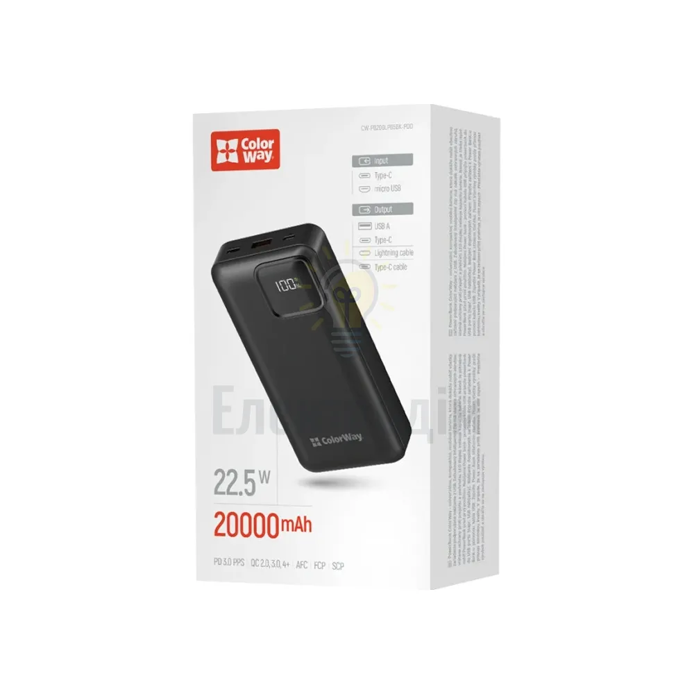 Павербанк 20000 mAh ColorWay Portable Charger CW-PB200LPB4BK-PD 22,5W USB/Type-C QC+PD чорний CW-PB200LPB4BK-PD 
