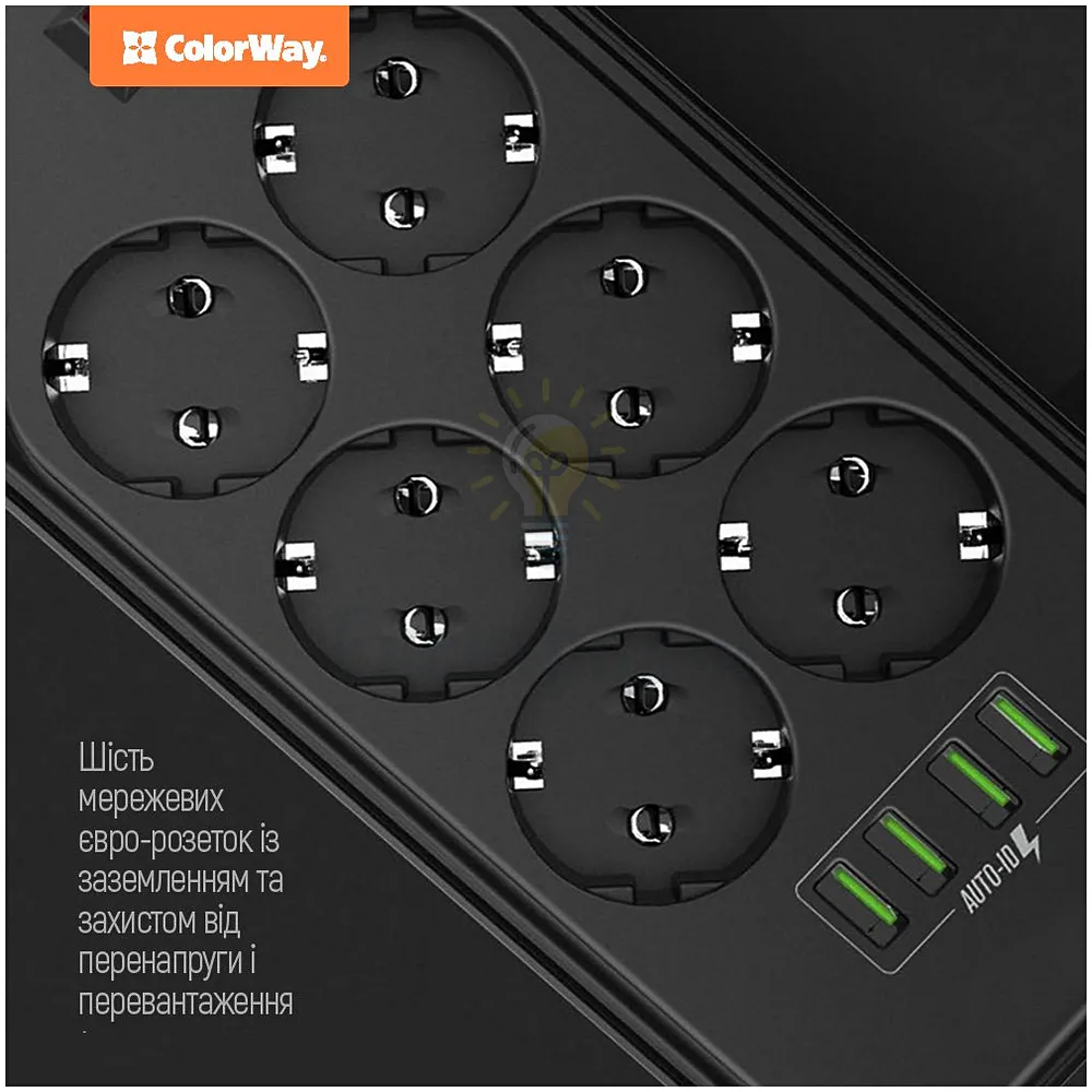 Подовжувач ColorWay Фільтр мережевий 6 розеток/4USB 2м чорний CW-CHE64B ColorWay CW-CHE64B  - фото 3