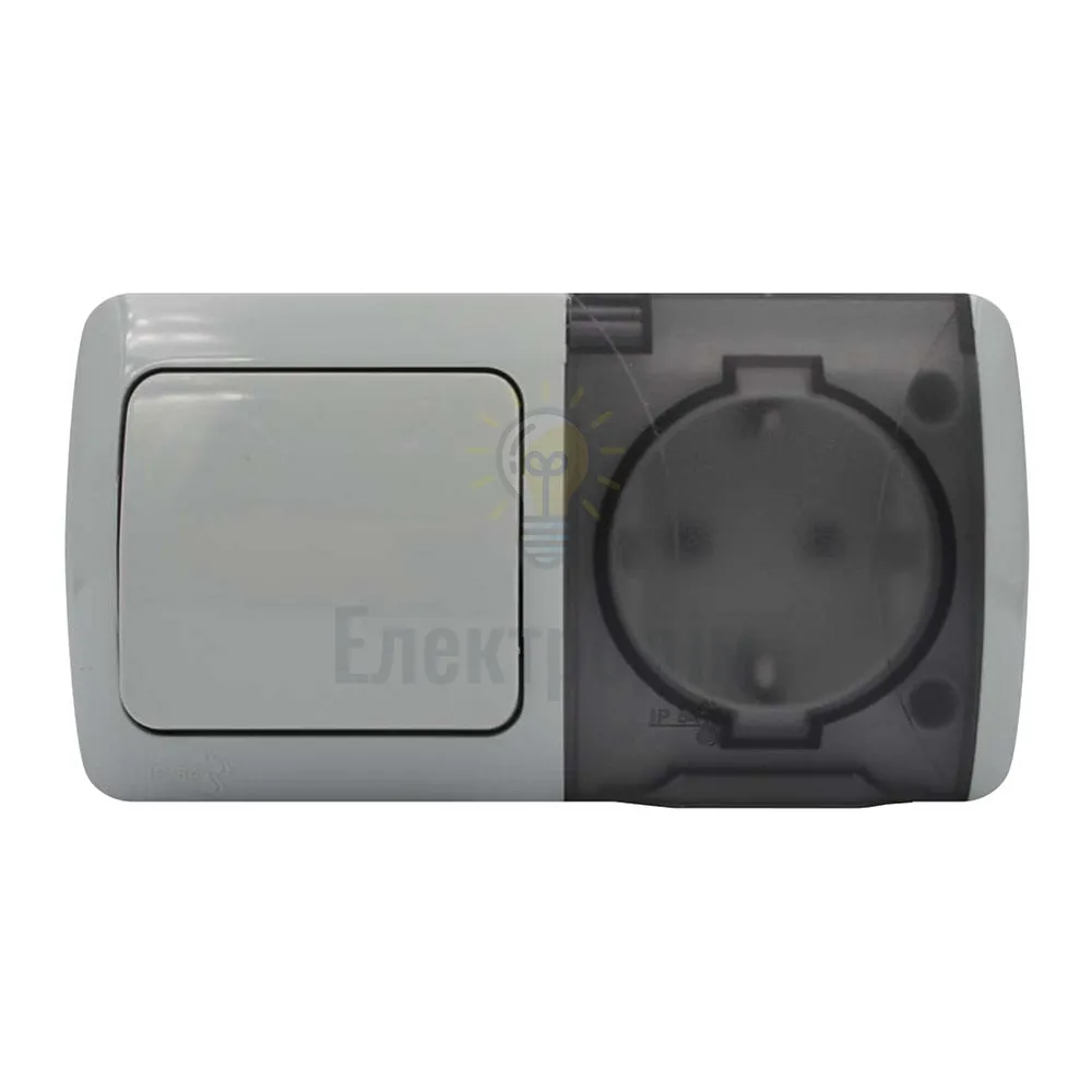 Вимикач EL-BI EVA 1-ий + Розетка з заземленням з кришкою світло-сірий IP54 (1/10/60) 554-011500-920 