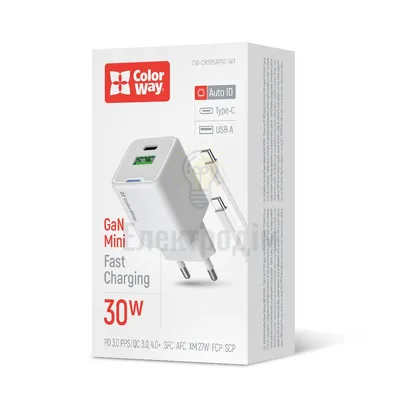 Мережевий зарядний пристрій ColorWay GaN Mini 30W PD Port PPS USB (Type-C PD + USB QC4.0) cable Type-C CW-CHS053PDC-WT — купити в Електродім