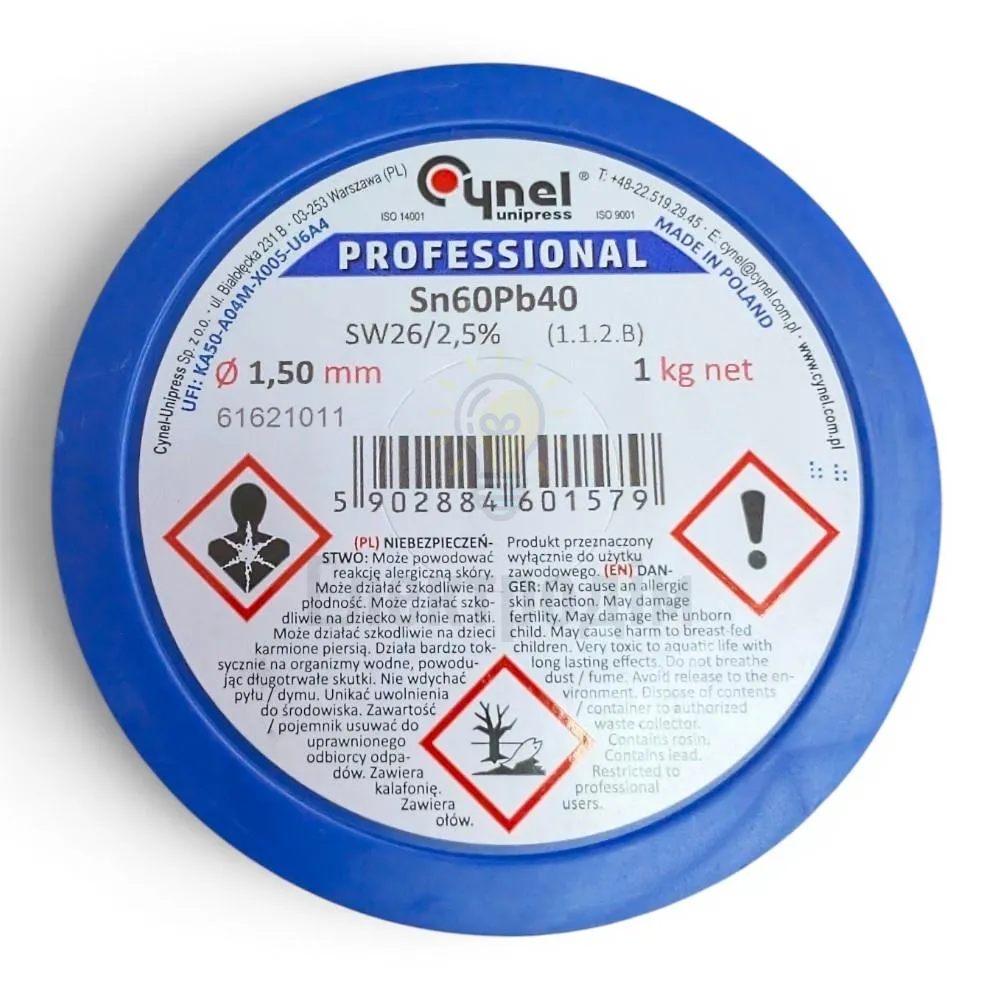 Дротяний припій, 1,5mm, 1000g, з флюсом, свинцевий, CYNEL Sn60Pb40-SW26/2.5% Ø1.5, 1kg 913371  - фото 1