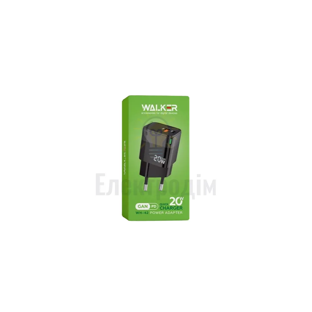 Зарядний пристрій мережевий USB/Type-C QC+PD 20W чорний WALKER WH-42 2710000283317  - фото 1