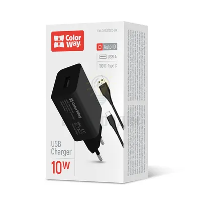 Зарядний пристрій мережевий USB + кабель Type-C 2,4A 10W чорний ColorWay CW-CHS012CC-BK CW-CHS012CC-BK — купити в Електродім