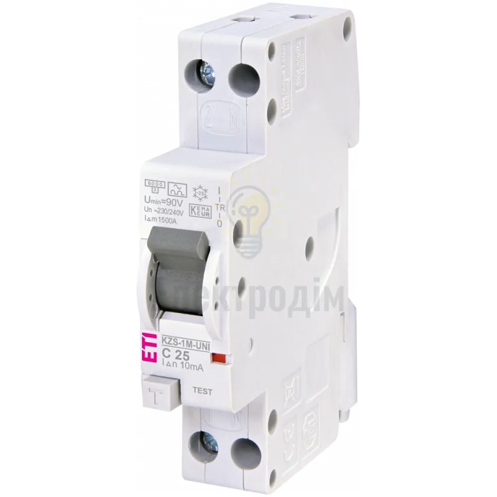 Диф. автоматичний вимикач KZS-1M UNI C 25/0,01 тип A (6kA) (універс. підключення) 97663 