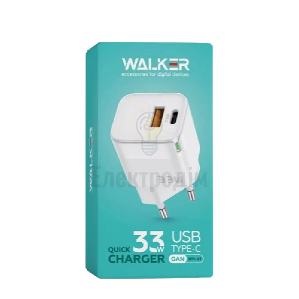 Зарядний пристрій мережевий USB/Type-C QC+PD 33W білий WALKER WH-43 2710000283362  - фото 1